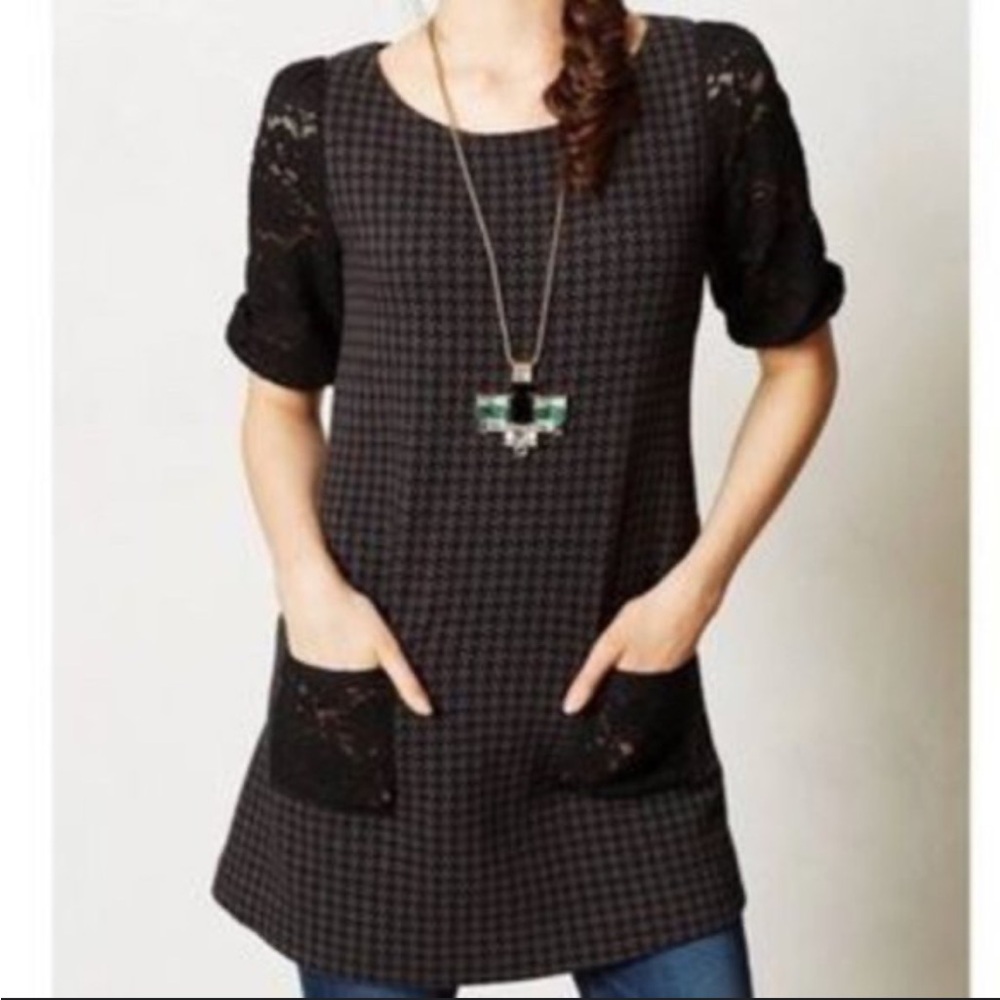 Anthropologie Postmark Houndstooth Lace‎ Sleeve Tunic Dress Black Gray Small